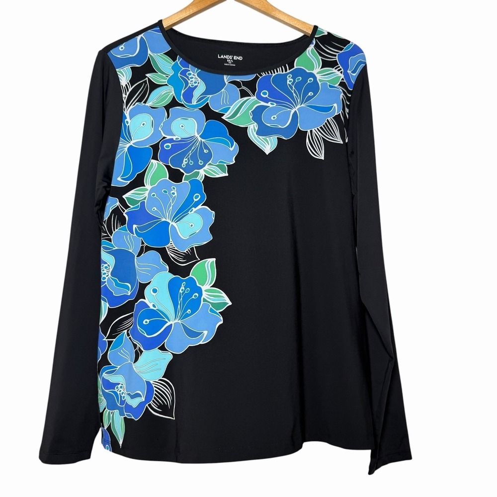 Lands End Women's Rash Guard 14W 0X Blue Floral Long Sleeve Swim Top UPF Resort